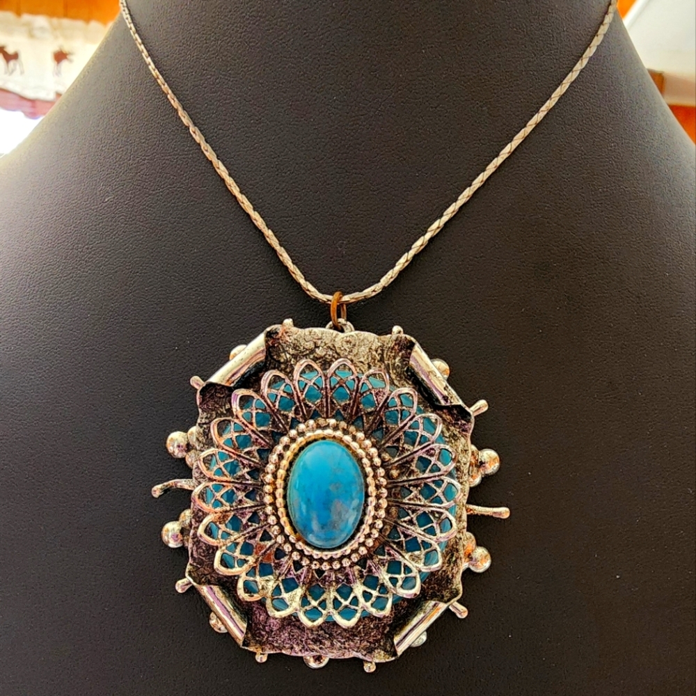 Vintage Bohemian Statement Necklace with Faux Turquoise Center